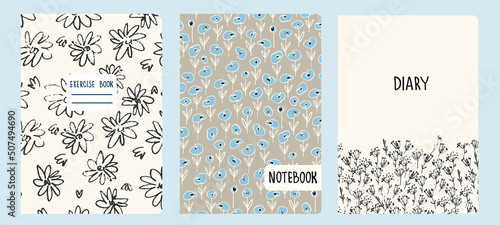 Set of cover page templates based on patterns with anemone, poppy flowers in Ditzy style and gridlines. Backgrounds for notebooks, notepads, diaries. Headers isolated and replaceable