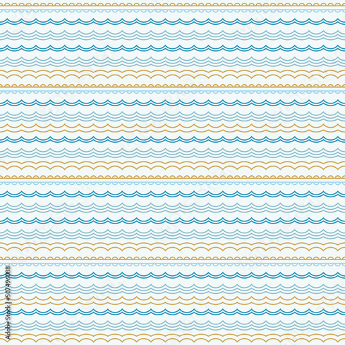 Decorative doodle wave vector seamless pattern. Ocean waves sea hand draw border background. 