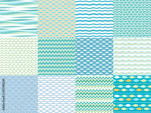 Water sports, waves vector seamless pattern set. Borders, ribbons, patterns, brushes, hand drawn lines, strokes collection. Decorative design elements, ornaments, wallpapars, greeting card templates.