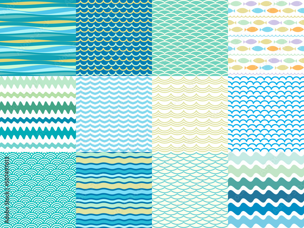 Wave borders vector seamless decorative set. Abstract geometric wavy striped wallpaper design. Ornamental doodle waves vector seamless pattern collection. Ocean waves hand drawn backgrounds. - obrazy, fototapety, plakaty 