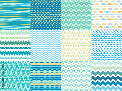Wave borders vector seamless decorative set. Abstract geometric wavy striped wallpaper design. Ornamental doodle waves vector seamless pattern collection. Ocean waves hand drawn backgrounds.