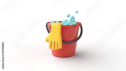 Red bucket with detergent and yellow rubber gloves isolated on white background. Housekeeping background. 3d illustration