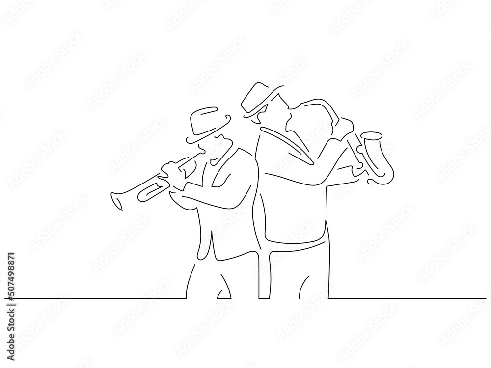 Jazz musicians in line art drawing style. Composition of a couple playing music. Black linear sketch isolated on white background. Vector illustration design.