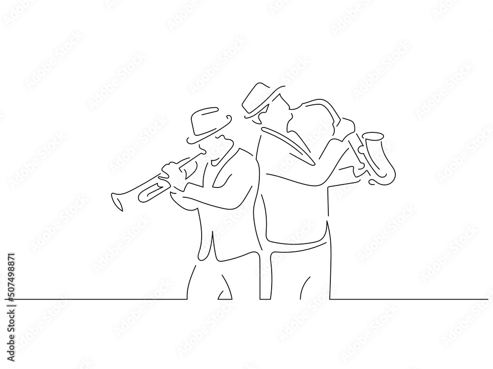 Jazz musicians in line art drawing style. Composition of a couple playing music. Black linear sketch isolated on white background. Vector illustration design. Jazz musicians in line art drawing style. Composition of a couple playing music. Black linear sketch isolated on white background. Vector illustration design.