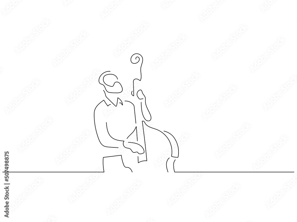 Double bass player in line art drawing style. Composition of a musician playing. Black linear sketch isolated on white background. Vector illustration design. Double bass player in line art drawing style. Composition of a musician playing. Black linear sketch isolated on white background. Vector illustration design.