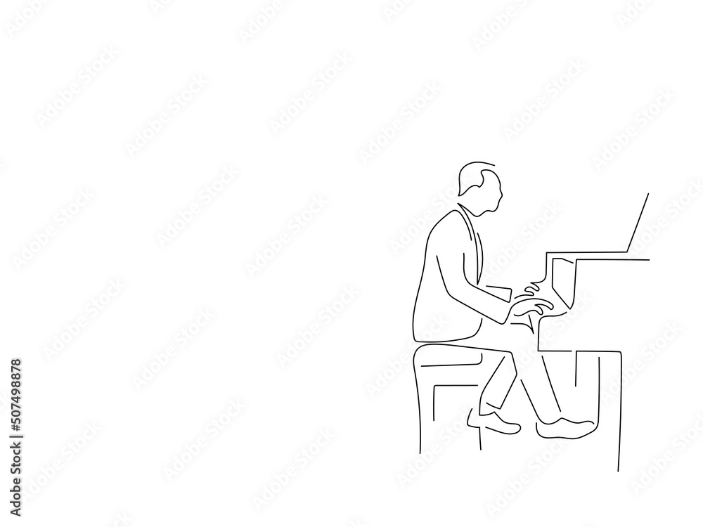 Piano player in line art drawing style. Composition of a pianist playing. Black linear sketch isolated on white background. Vector illustration design.