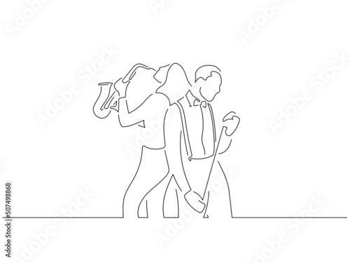 Jazz musicians in line art drawing style. Composition of a couple playing music. Black linear sketch isolated on white background. Vector illustration design.