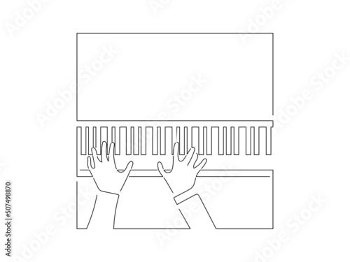 Piano player in line art drawing style. Composition of a pianist playing. Black linear sketch isolated on white background. Vector illustration design.