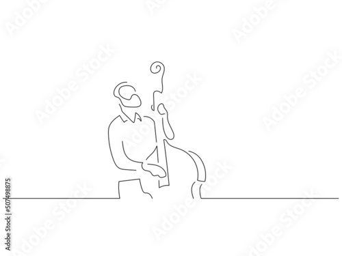 Double bass player in line art drawing style. Composition of a musician playing. Black linear sketch isolated on white background. Vector illustration design.