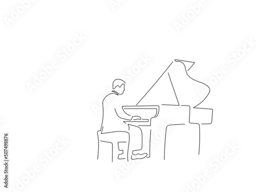 Piano player in line art drawing style. Composition of a pianist playing. Black linear sketch isolated on white background. Vector illustration design.