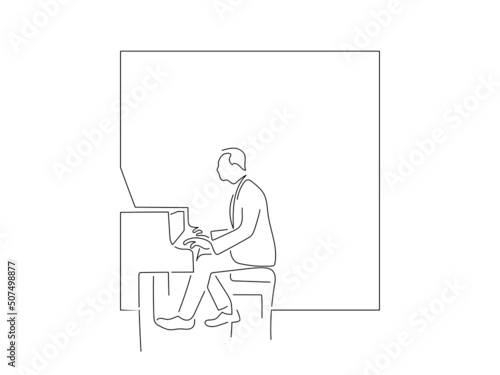 Piano player in line art drawing style. Composition of a pianist playing. Black linear sketch isolated on white background. Vector illustration design.