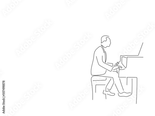 Piano player in line art drawing style. Composition of a pianist playing. Black linear sketch isolated on white background. Vector illustration design.