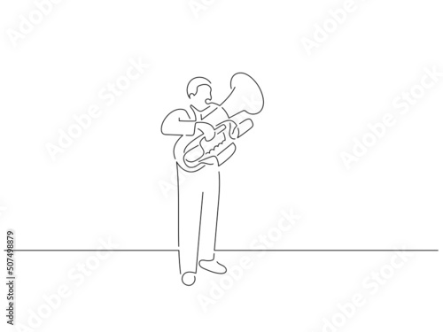 Tuba player in line art drawing style. Composition of a musician playing. Black linear sketch isolated on white background. Vector illustration design.