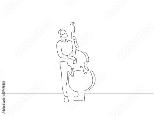 Double bass player in line art drawing style. Composition of a musician playing. Black linear sketch isolated on white background. Vector illustration design.
