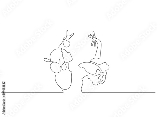 Flamenco dancer in line art drawing style. Composition of traditional spanish musicians. Black linear sketch isolated on white background. Vector illustration design.