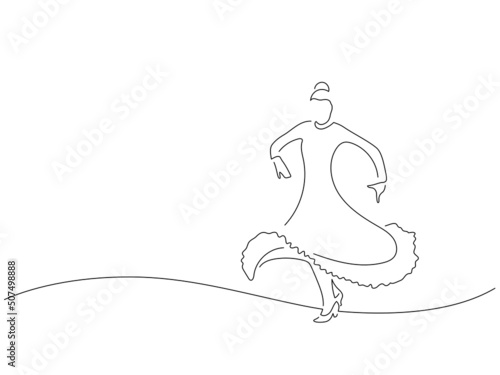 Flamenco dancer in line art drawing style. Composition of traditional spanish musicians. Black linear sketch isolated on white background. Vector illustration design.