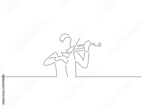 Fiddle player in line art drawing style. Composition of a musician playing. Black linear sketch isolated on white background. Vector illustration design.