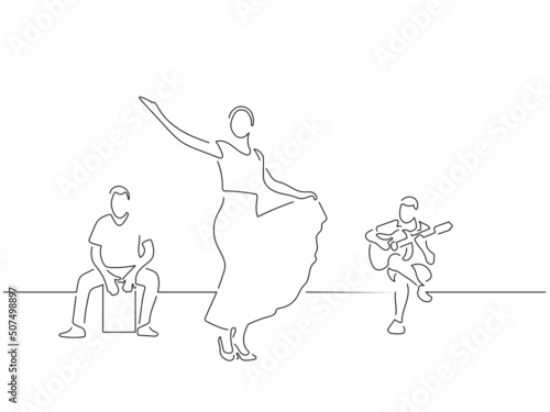 Flamenco music band in line art drawing style. Composition of traditional spanish musicians. Black linear sketch isolated on white background. Vector illustration design.