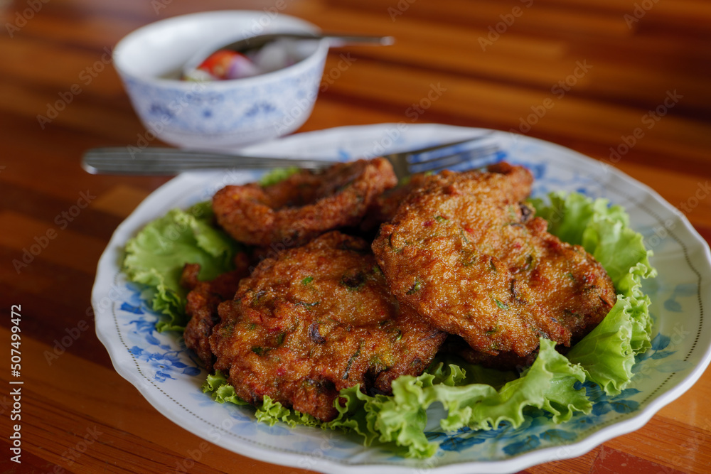 Thai Fish cake serve with sweet sauce. Thai Fish cake serve with sweet sauce.
