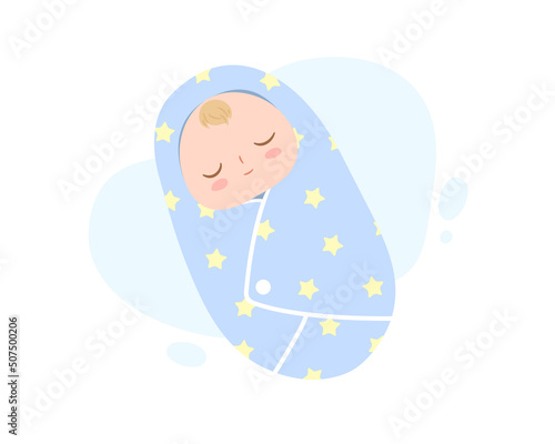 Cute little baby sleeping in light blue diaper isolate on white background. Illustration of new-born baby, infant, motherhood. Flat vector illustration.
