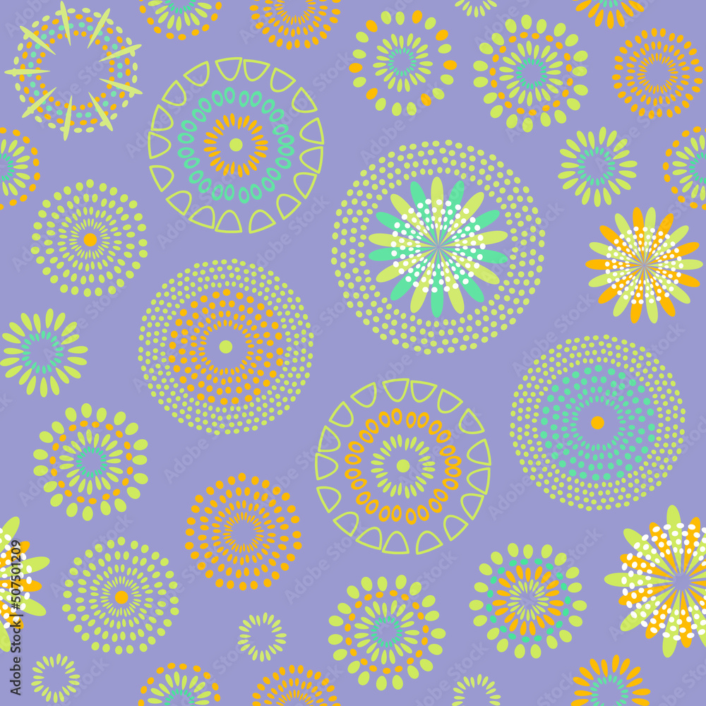 Fototapeta premium Stars, Flowers, floral geometric shapes ornament, symbols, circle icons, brushes set. Vector christmas snowflakes seamless abstract pattern. New Year and Merry Xmas seasonal hand drawn background.