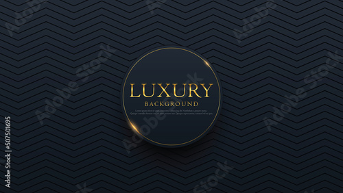 Luxury background banner. Golden text on black circle label frame. Dark geometric zigzag pattern background. Vector illustration.