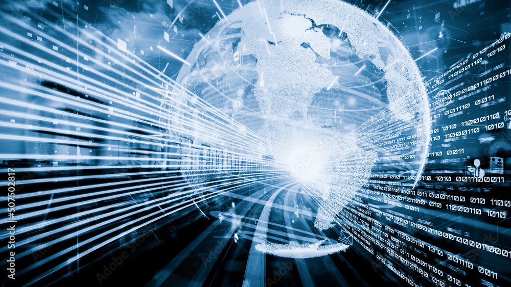 © InfiniteFlow - Futuristic global social media, people network and tacit digital data sharing . Concept of smart digital transformation and technology disruption that changes global trends in new information era .