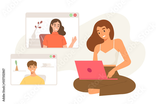 Young happy female sitting and using laptop to communicate with friend via internet. Concept of online conference or meeting, quarantine, social media, video call. Flat vector illustration character.