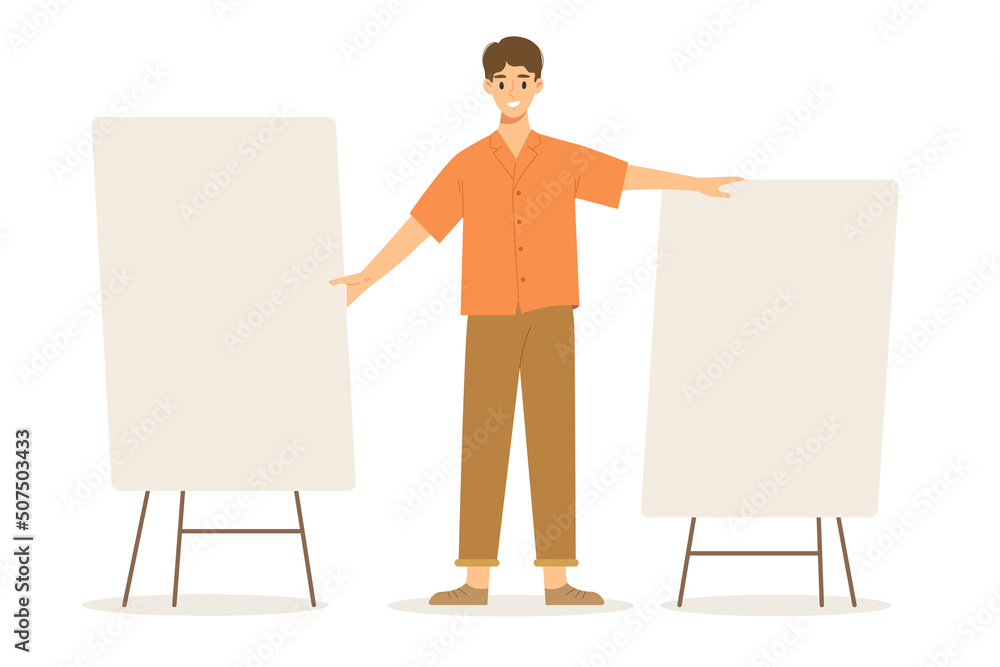 Young man standing and holding two blank board. Concept of announcement, promotion, advertising, banner sign, editable space to put copy message, presentation. Flat vector illustration character. Young man standing and holding two blank board. Concept of announcement, promotion, advertising, banner sign, editable space to put copy message, presentation. Flat vector illustration character.