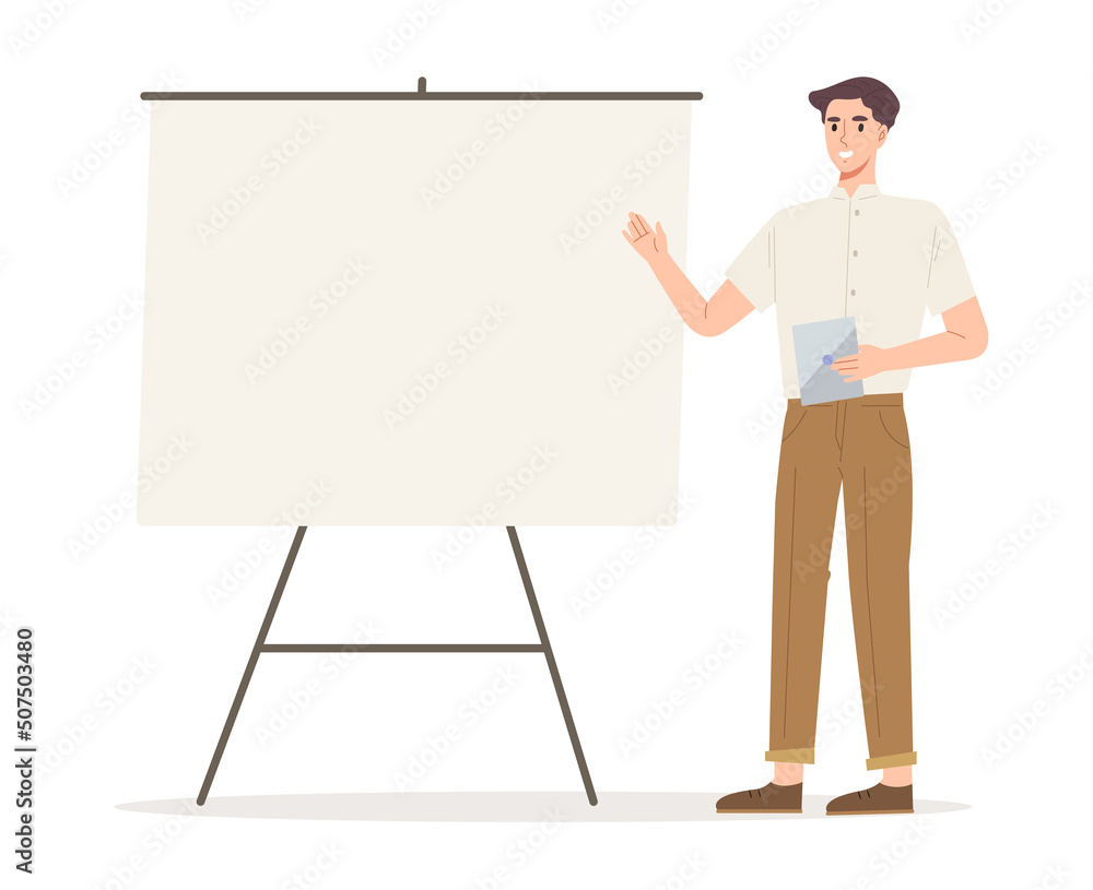 Casual man in presenting gesture with blank board and holding tablet. Concept of meeting, conference, announcement, advertising, teaching, marketing, company. Flat vector illustration character. Casual man in presenting gesture with blank board and holding tablet. Concept of meeting, conference, announcement, advertising, teaching, marketing, company. Flat vector illustration character.