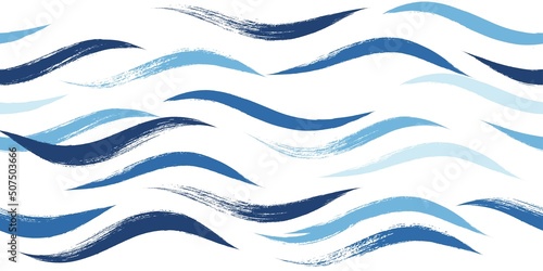 Seamless Wave Pattern, Hand drawn water sea modern vector background. Wavy beach brush stroke, curly grunge paint lines, watercolor illustration