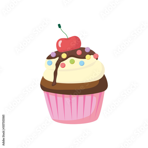 Chocolate cupcake with cherry, souffle and colored sugar balls in cupcake paper. Cute cream pastries. Muffin dessert sweet, food. Bakery shop, cooking, tea party. Hand drawn flat vector cupcake.