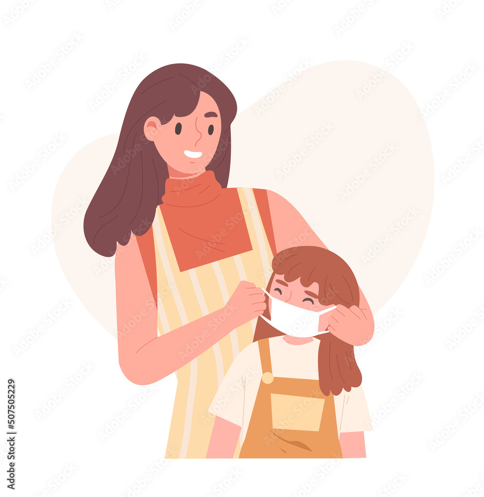 Mother put protective face mask on daughter's face before going outside to prevent COVID-19 virus. Concept of prevention, virus epidemic, health care, family love. Flat vector illustration character. Mother put protective face mask on daughter's face before going outside to prevent COVID-19 virus. Concept of prevention, virus epidemic, health care, family love. Flat vector illustration character.