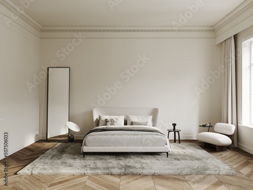 Bedroom in classical style mockup with wooden floor  white walls  curtains  carpet  lamp  vases and window 3d render