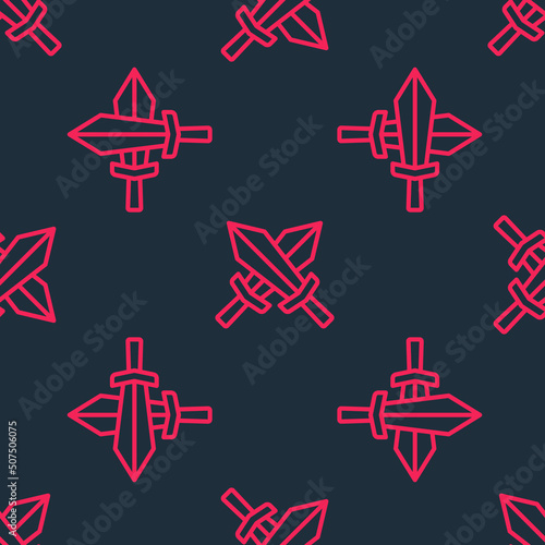 Red line Sword for game icon isolated seamless pattern on black background. Vector