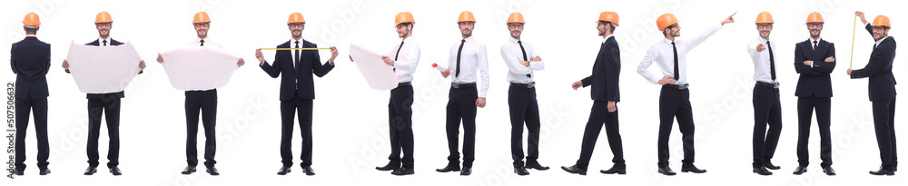 panoramic photo collage of confident architect isolated on white panoramic photo collage of confident architect isolated on white