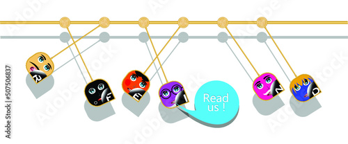 Five characters of purple orange black yellow pink avatar with letters F,R,I,E,N,D and a speech bubble with words : Read us. Alphabetical cartoon faces with letters F,R,I,E,N,D