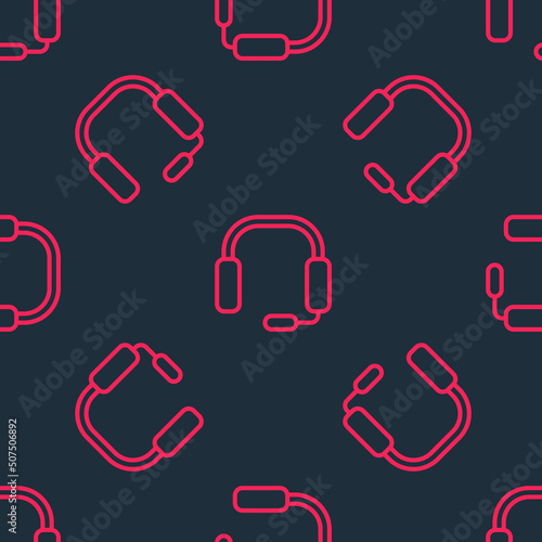 Red line Headphones icon isolated seamless pattern on black background. Earphones. Concept for listening to music, service, communication and operator. Vector