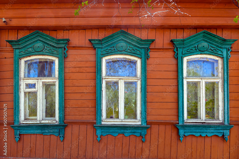 Facade of a wooden house in the city of Zaraysk. Russia