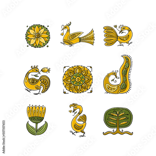 Magic birds and flowers collection, icons isolated on white for your design