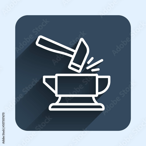 White line Blacksmith anvil tool and hammer icon isolated with long shadow background. Metal forging. Forge tool. Blue square button. Vector