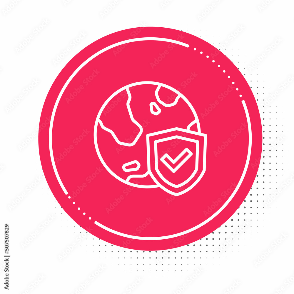 White line Shield with world globe icon isolated on white background. Insurance concept. Security, safety, protection, privacy concept. Red circle button. Vector White line Shield with world globe icon isolated on white background. Insurance concept. Security, safety, protection, privacy concept. Red circle button. Vector