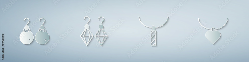 Set Earrings, Pendant on necklace and Necklace with heart shaped. Paper art style. Vector Set Earrings, Pendant on necklace and Necklace with heart shaped. Paper art style. Vector