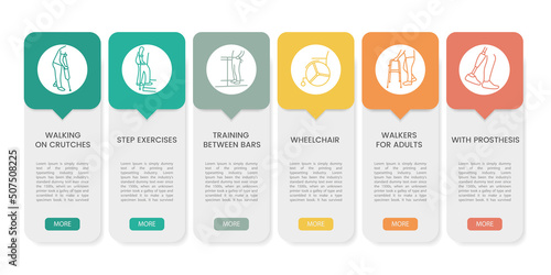 Multicolored rehabilitation infographics, icons in colored rectangles, vector layout