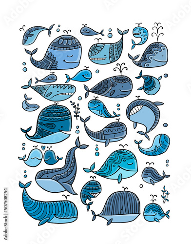 Wild whales collection. Childish style vertical frame for your design