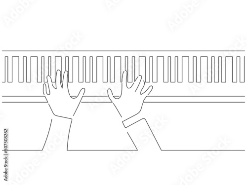 Piano player in line art drawing style. Composition of a pianist playing. Black linear sketch isolated on white background. Vector illustration design.