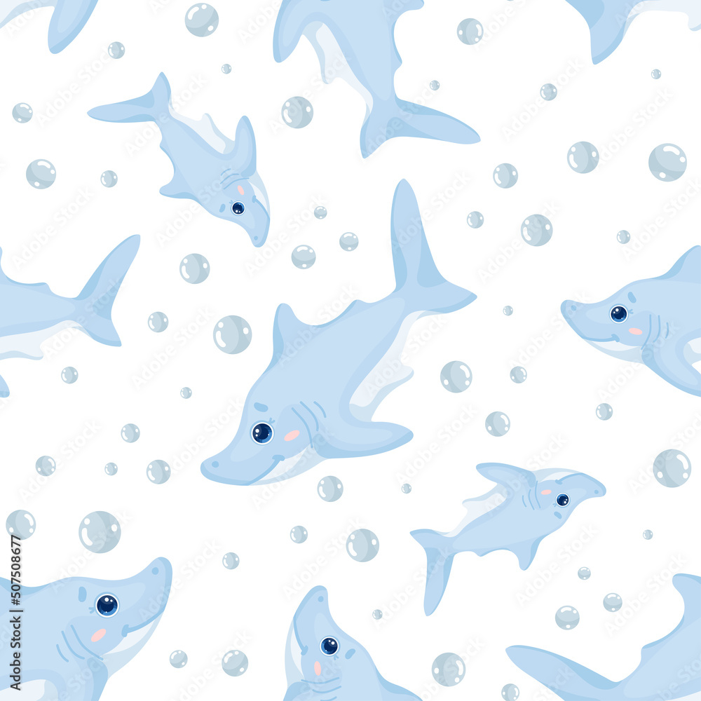Seamless pattern with little cute sharks.Cartoon vector graphics. Seamless pattern with little cute sharks.Cartoon vector graphics.