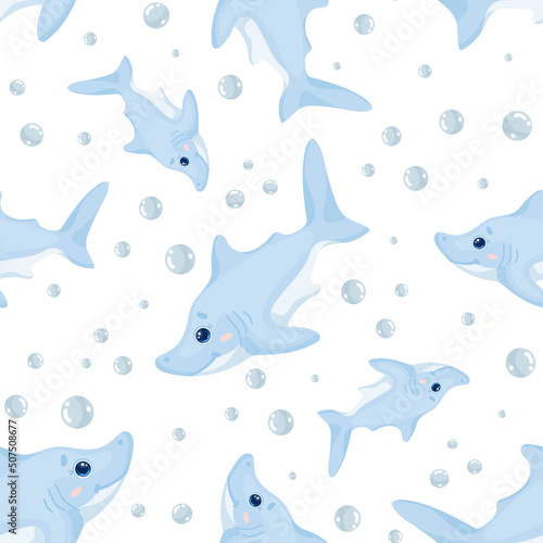 Seamless pattern with little cute sharks.Cartoon vector graphics.