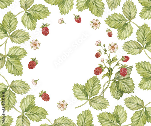 Watercolor round frame with vintage strawberry branch  berries  leaves and flowers. Isolated on white background.