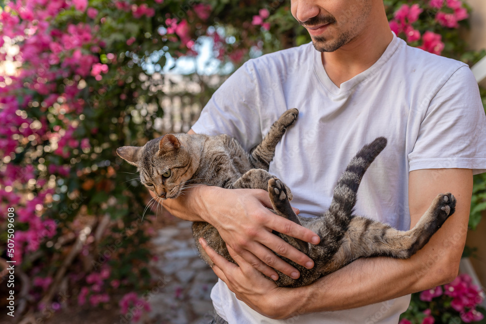 young man holds in his arms a gray tabby cat with green eyes in the garden